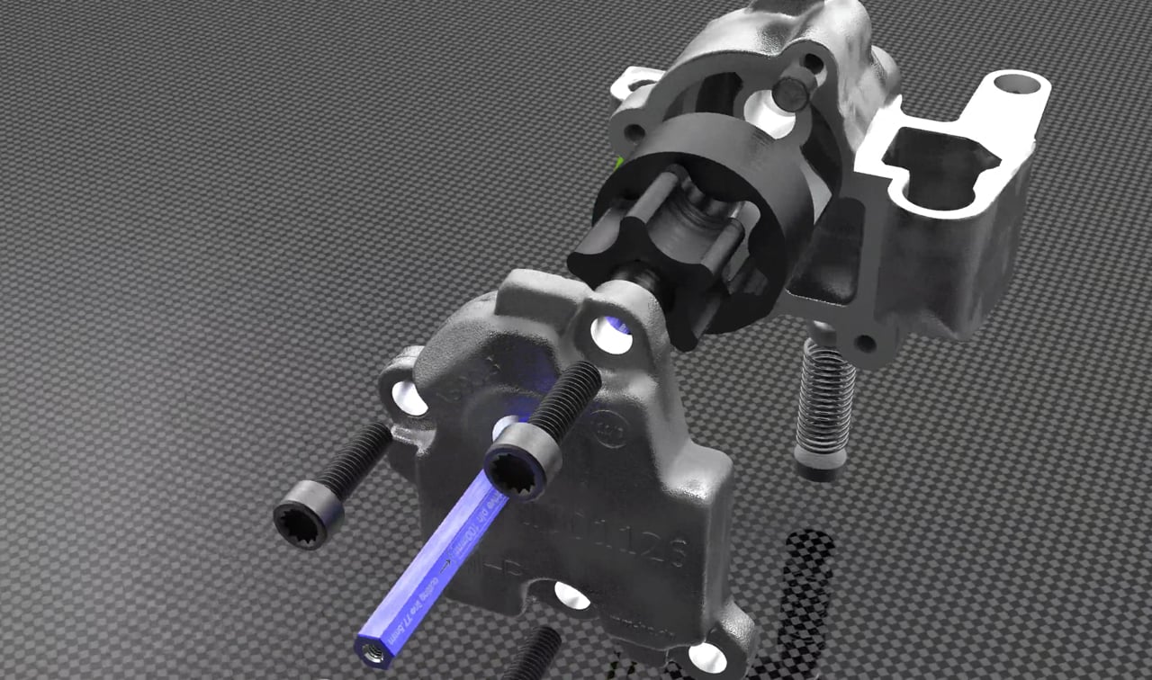 3D animation: stock oil pump in the balancer shaft module, drive pin highlighted in blue, 13 second video